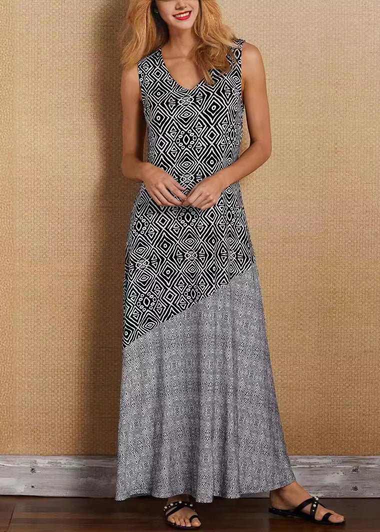 French Khaki V Neck Print Patchwork Cotton Maxi Dresses Sleeveless Summer