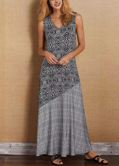 French Khaki V Neck Print Patchwork Cotton Maxi Dresses Sleeveless Summer