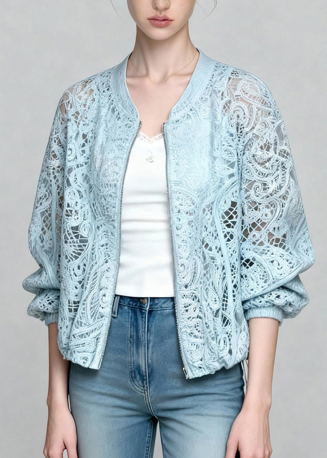 Blue Zip Up Hollow Out Lace Coats Summer