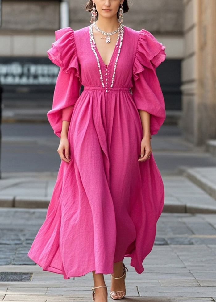 Rose Ruffled Nail Bead Cotton Party Dress Fall