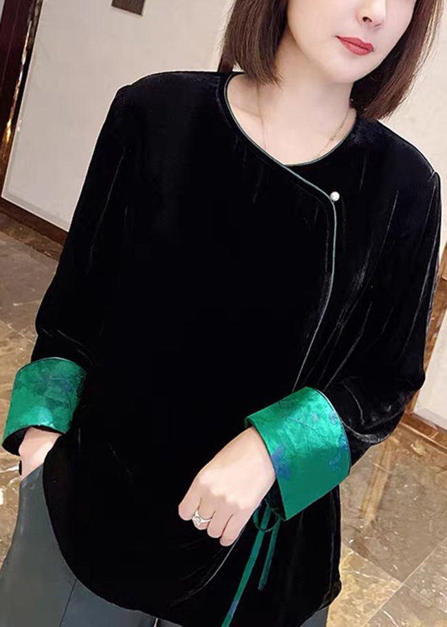 Black O-neck Tie Waist Patchwork Velour Coat Long Sleeve