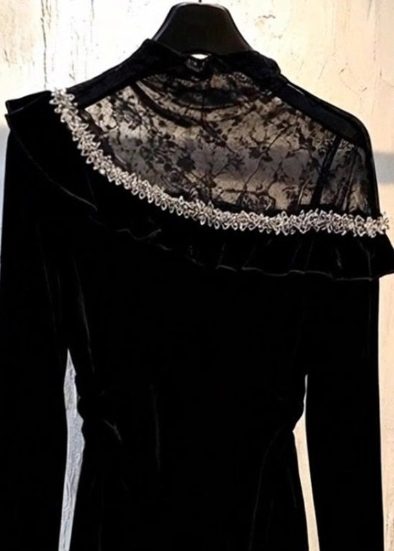Black Lace Patchwork Silk Velour Top Spring