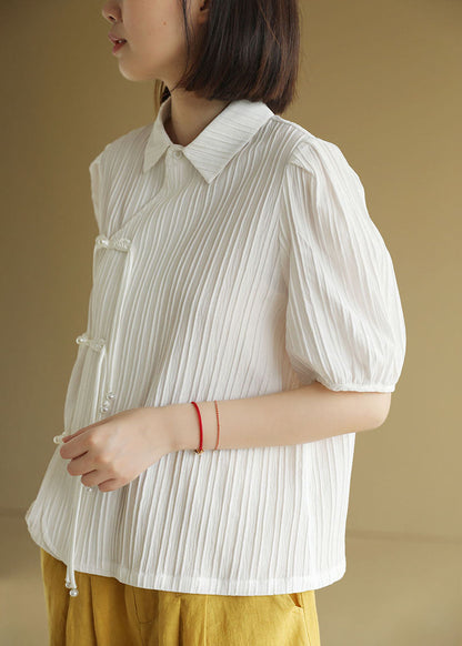 Original Design White Peter Pan Collar Wrinkled Oriental Button Chiffon Top Short Sleeve