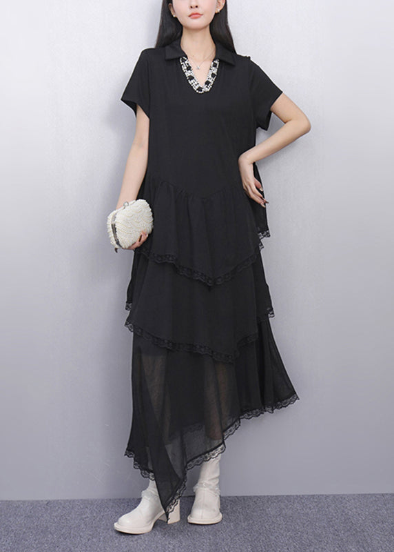 Black Peter Pan Collar Asymmetrical Long Cake Dress Short Sleeve