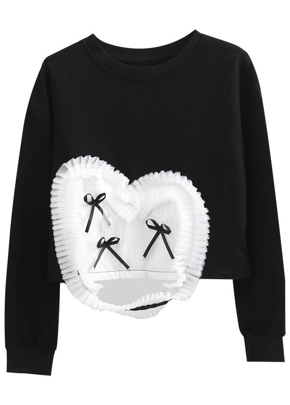 Handmade Black O-neck Tulle Patchwork Warm Fleece Pullover Street Wear Spring