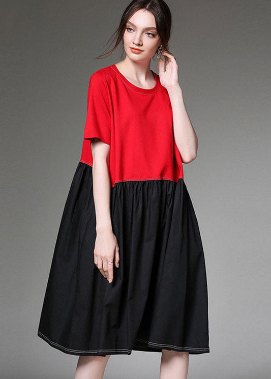 Stylish Red O-neck Patchwork Cotton Dresses Short Sleeve