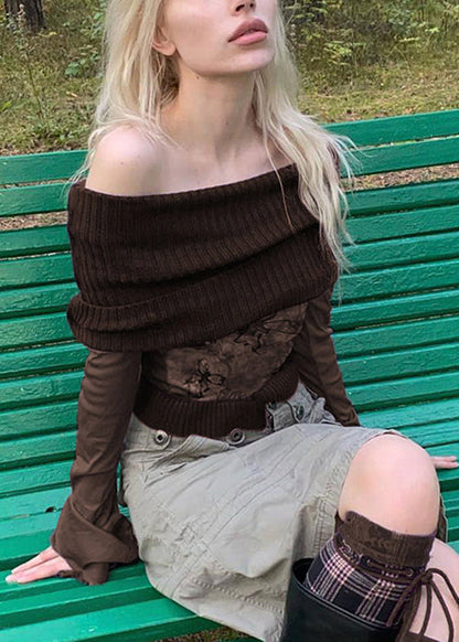 Brown Print Knit Patchwork T Shirts Flare Sleeve