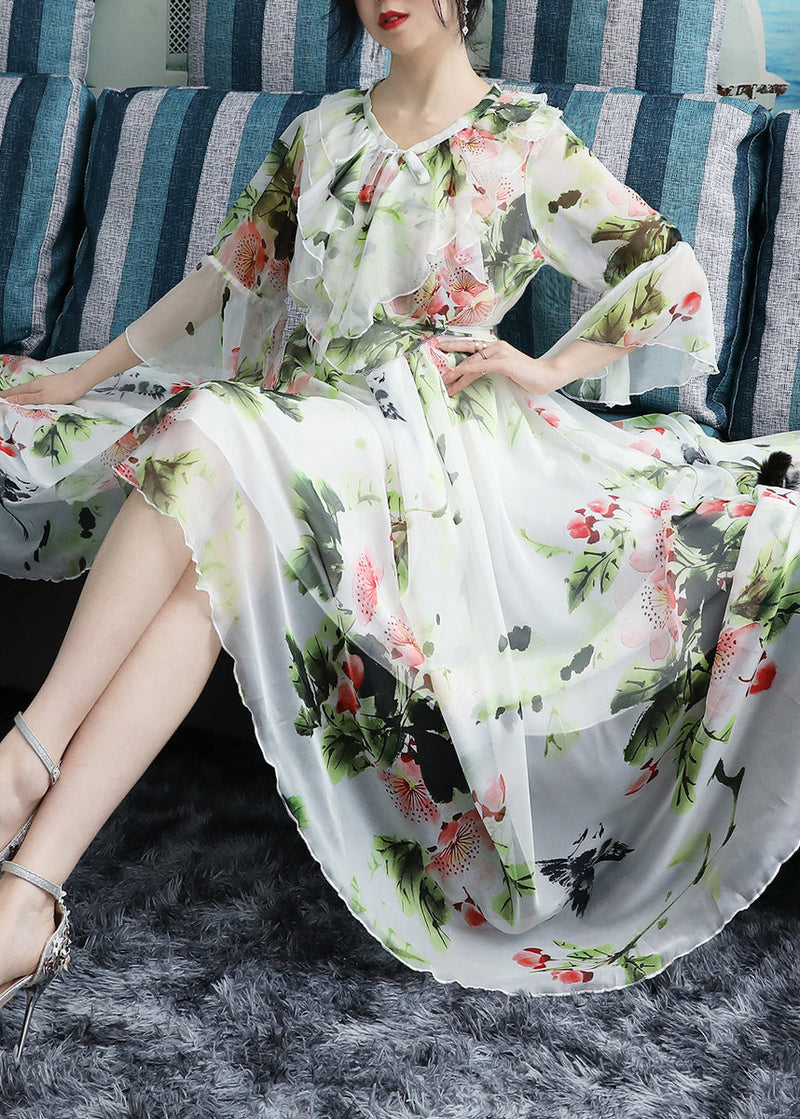 White O-neck Bow Print Ruffled Chiffon Long Beach Dresses Long Sleeve