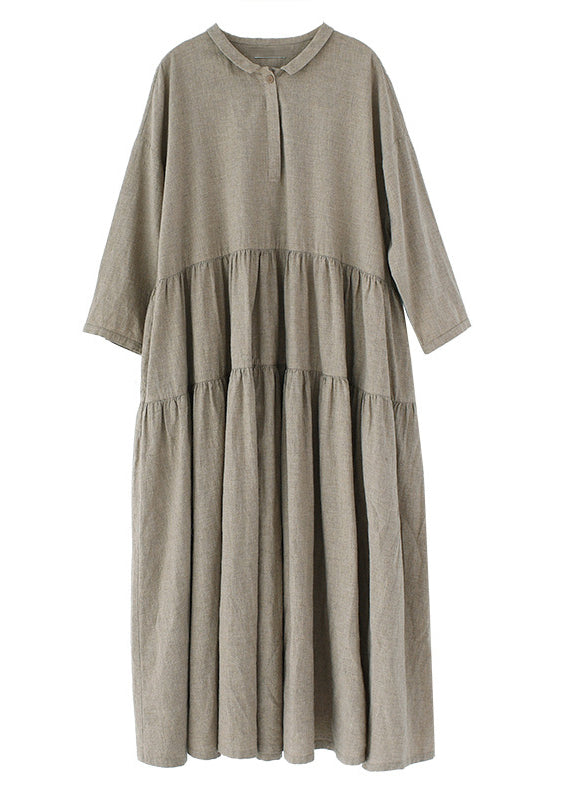 Khaki Pockets Wrinkled Patchwork Linen Dresses Fall