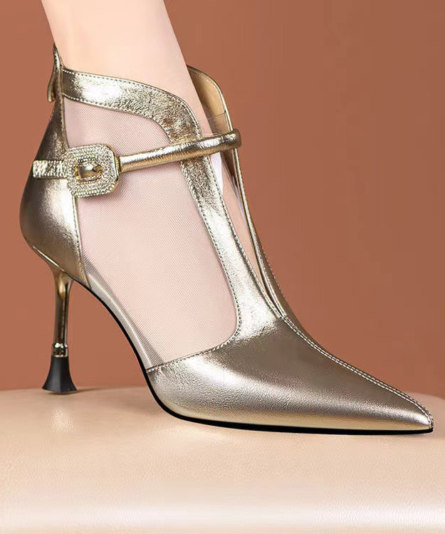 Fashionable and Gold High Heeled Pointed Mesh Boots