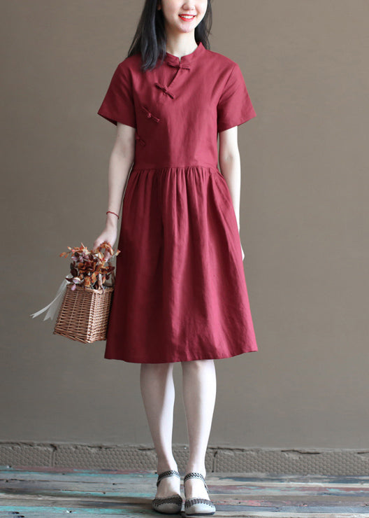 Art Mulberry Stand Collar Cinched Pockets Linen Mid Dress Short Sleeve