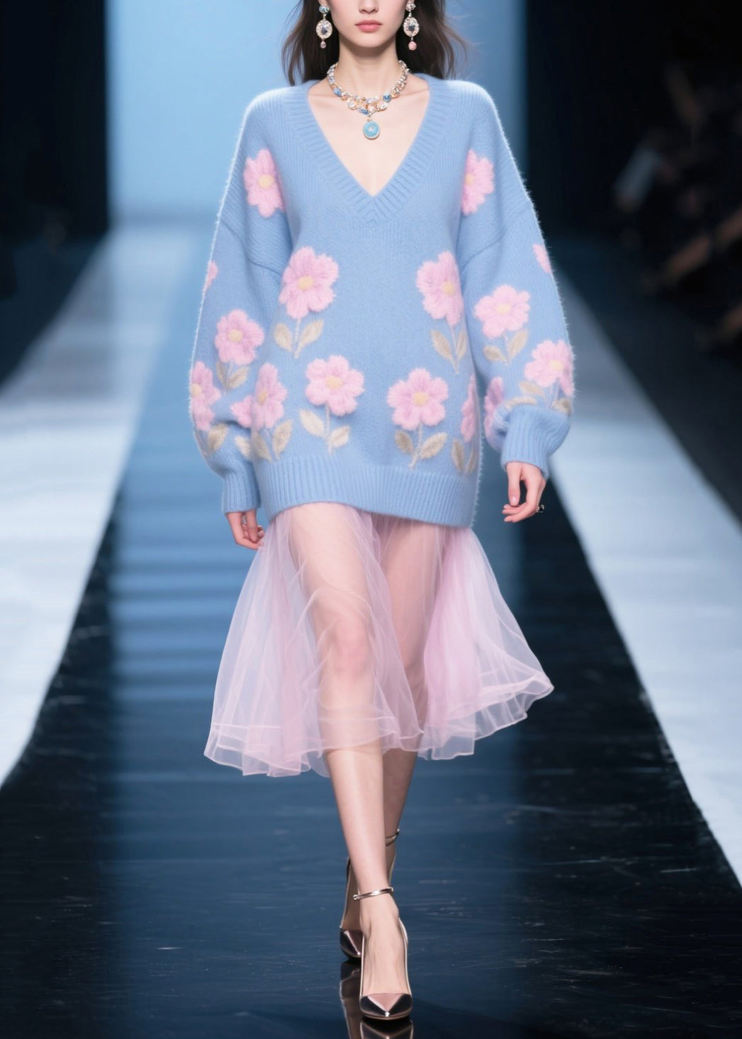 Blue Patchwork Tulle Flower Jacquard Knit Dress Winter