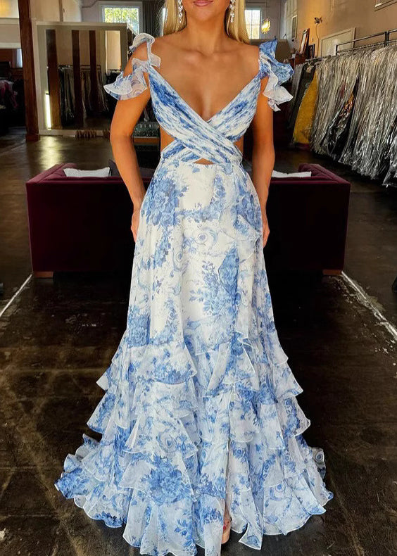 Blue Print Side Open Chiffon Maxi Dresses Sleeveless