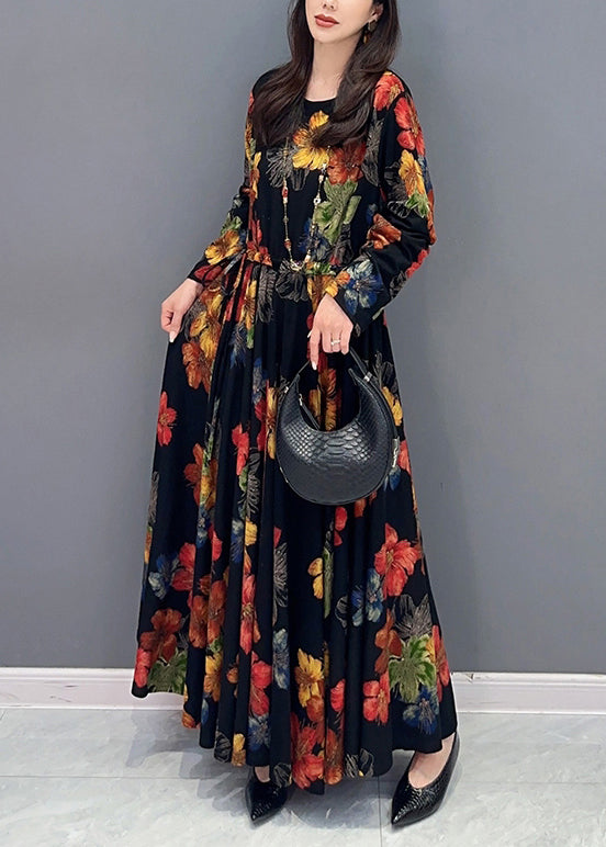 Colorblock Print Wrinkled Patchwork Cotton Long Dress Fall