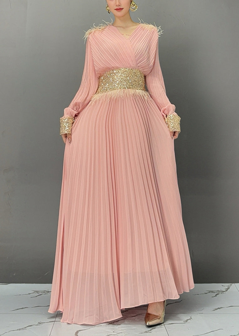 Pink Wrinkled Tunic Holiday Maxi Dress Fall