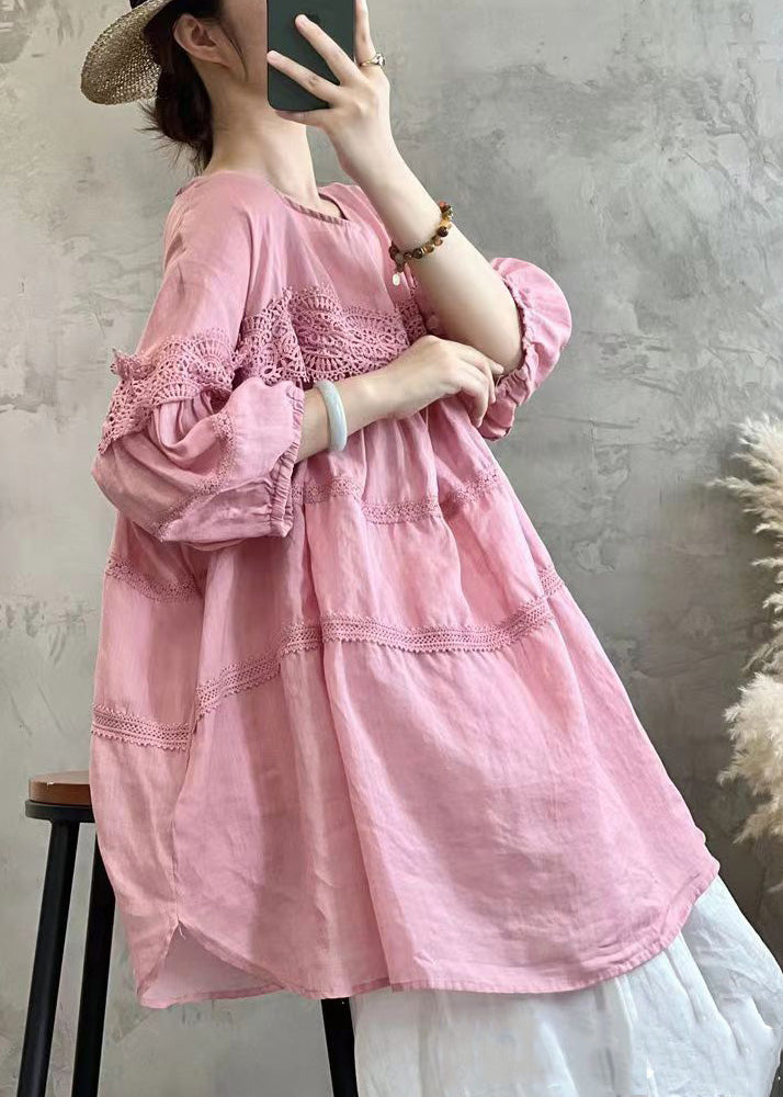 Simple Pink Lace Up Cotton T Shirt Long Sleeve