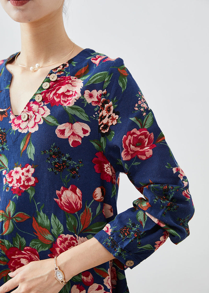 Handmade Navy V Neck Print Linen a Line Dresses Fall
