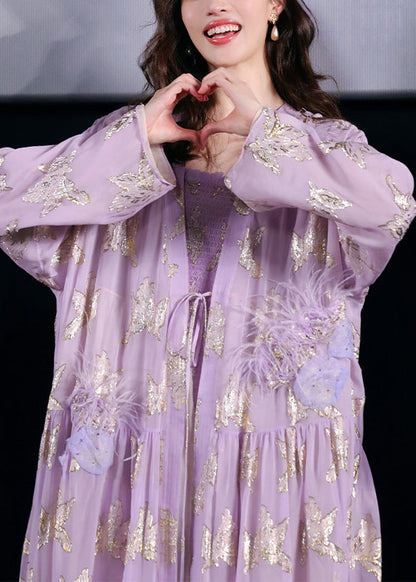 Purple Print Lace Up Tulle Two Pieces Set Long Sleeve