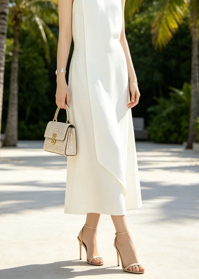 French White Half High Neck Cotton Dress Sleeveless
