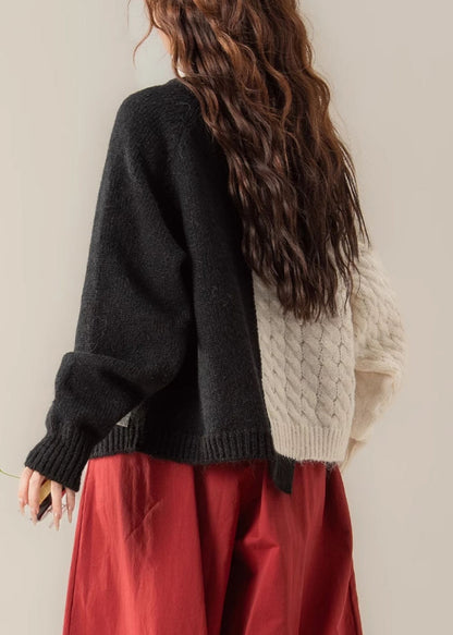 Black Zip Up Denim Patchwork Knit Sweater Spring