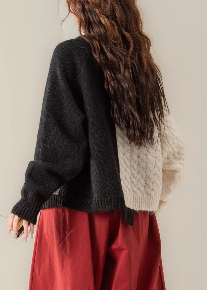 Black Zip Up Denim Patchwork Knit Sweater Spring