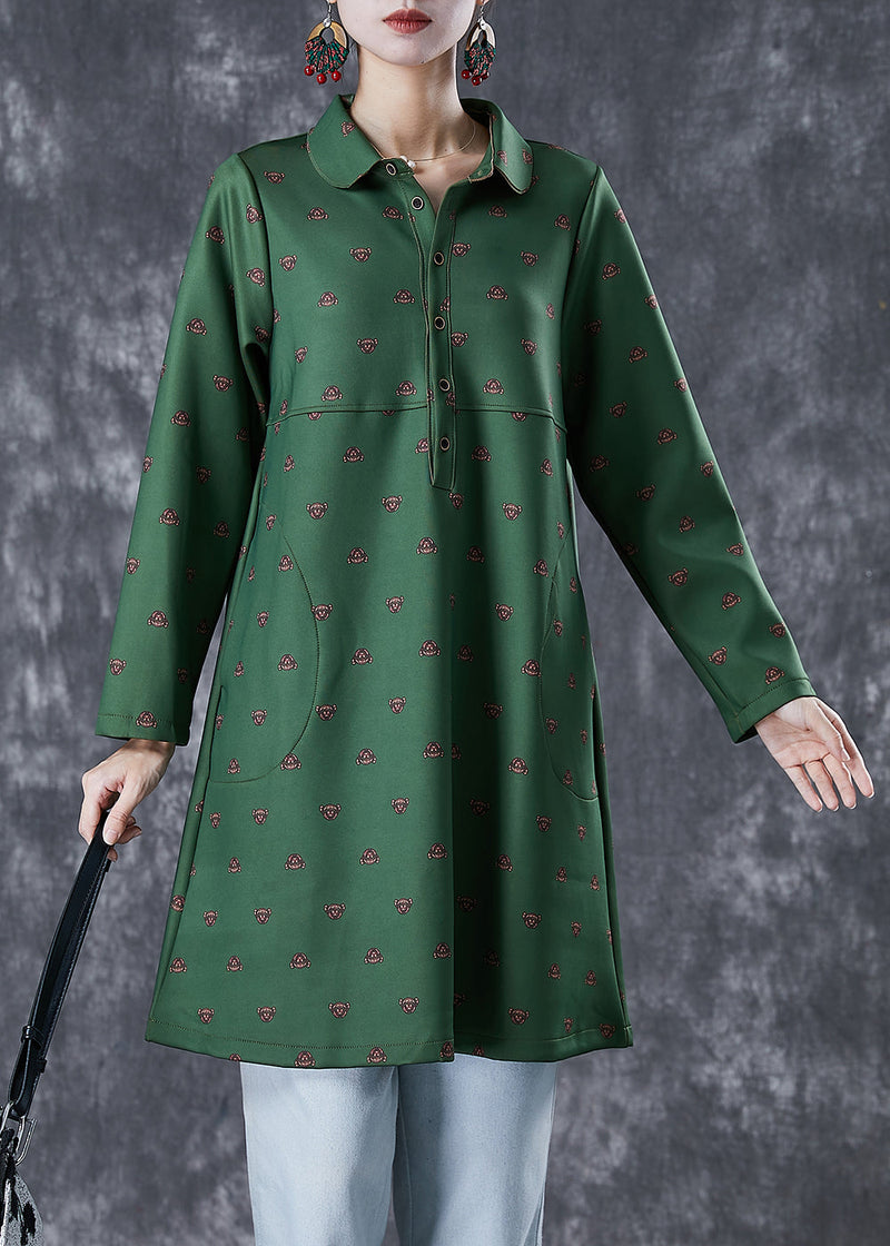 Dull Green Peter Pan Collar Print Cotton Dress Fall