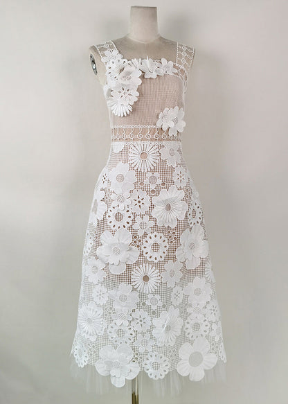 Handmade White Embroidered Hollow Out Lace Long Dress Sleeveless