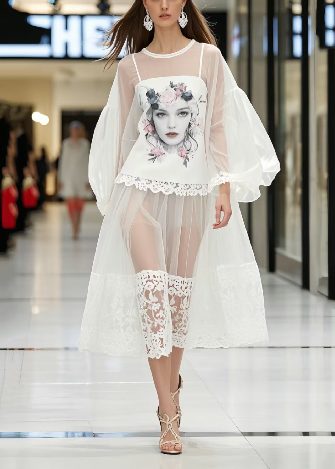 White Print Patchwork Lace Perspective Dress Lantern Sleeve