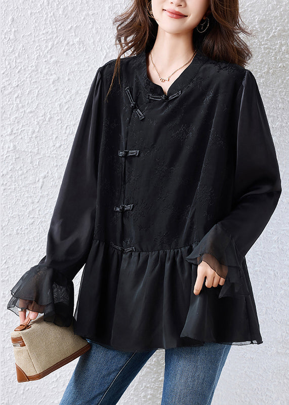Black Chinese Button Patchwork Silk Shirt Tops Flare Sleeve