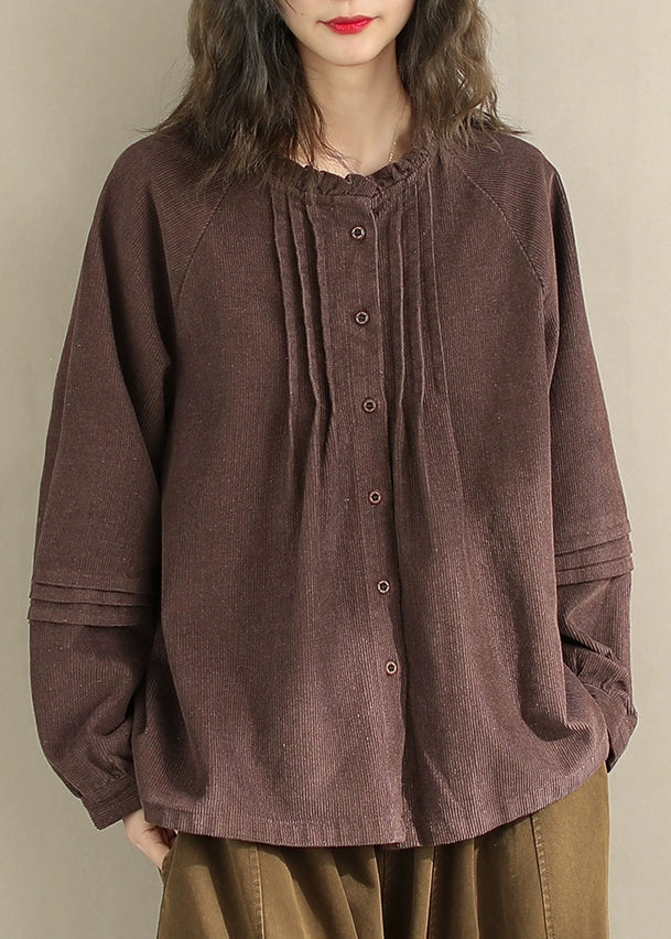Beige Button Wrinkled Corduroy Blouses Spring