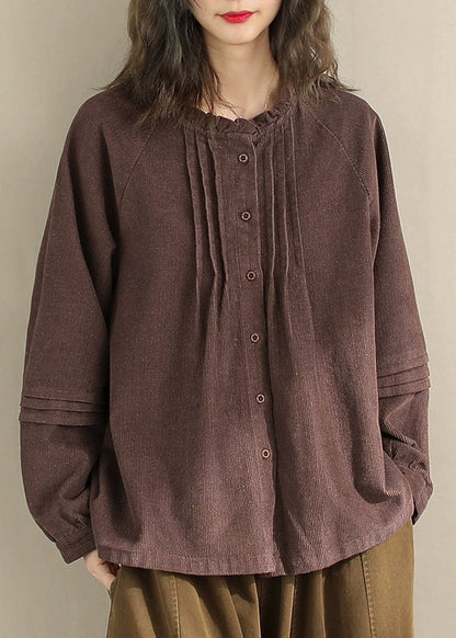 Beige Button Wrinkled Corduroy Blouses Spring
