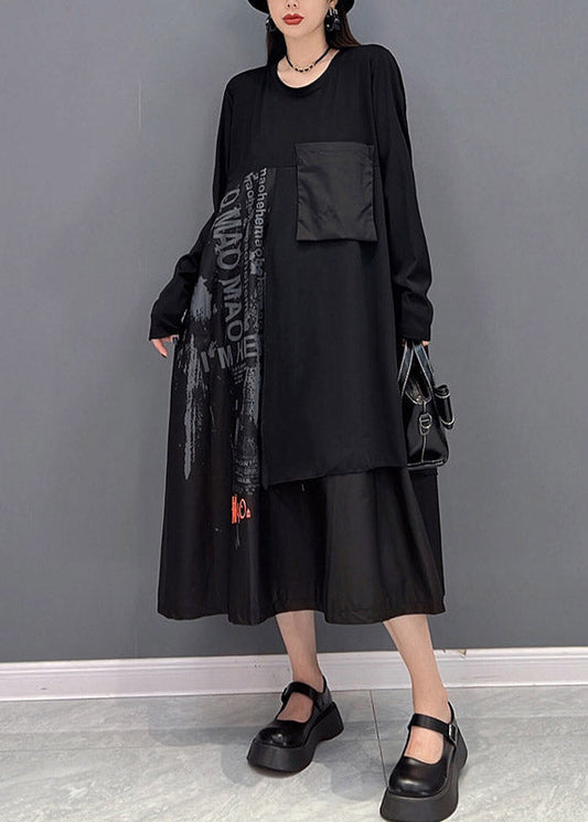 Black O-neck Asymmetrical Patchwork Pockets Dress Long Sleeve