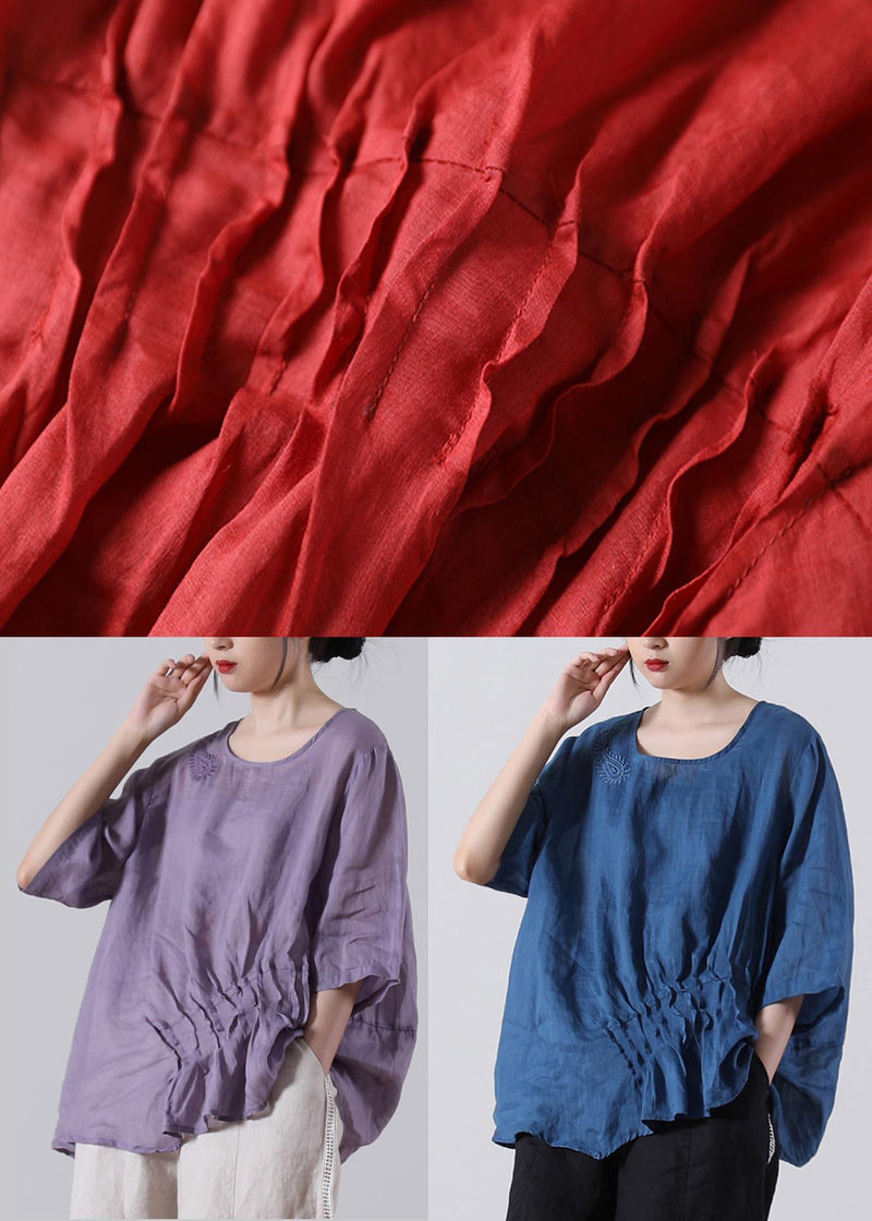 Red Cinched Cotton Linen Summer Blouse Top