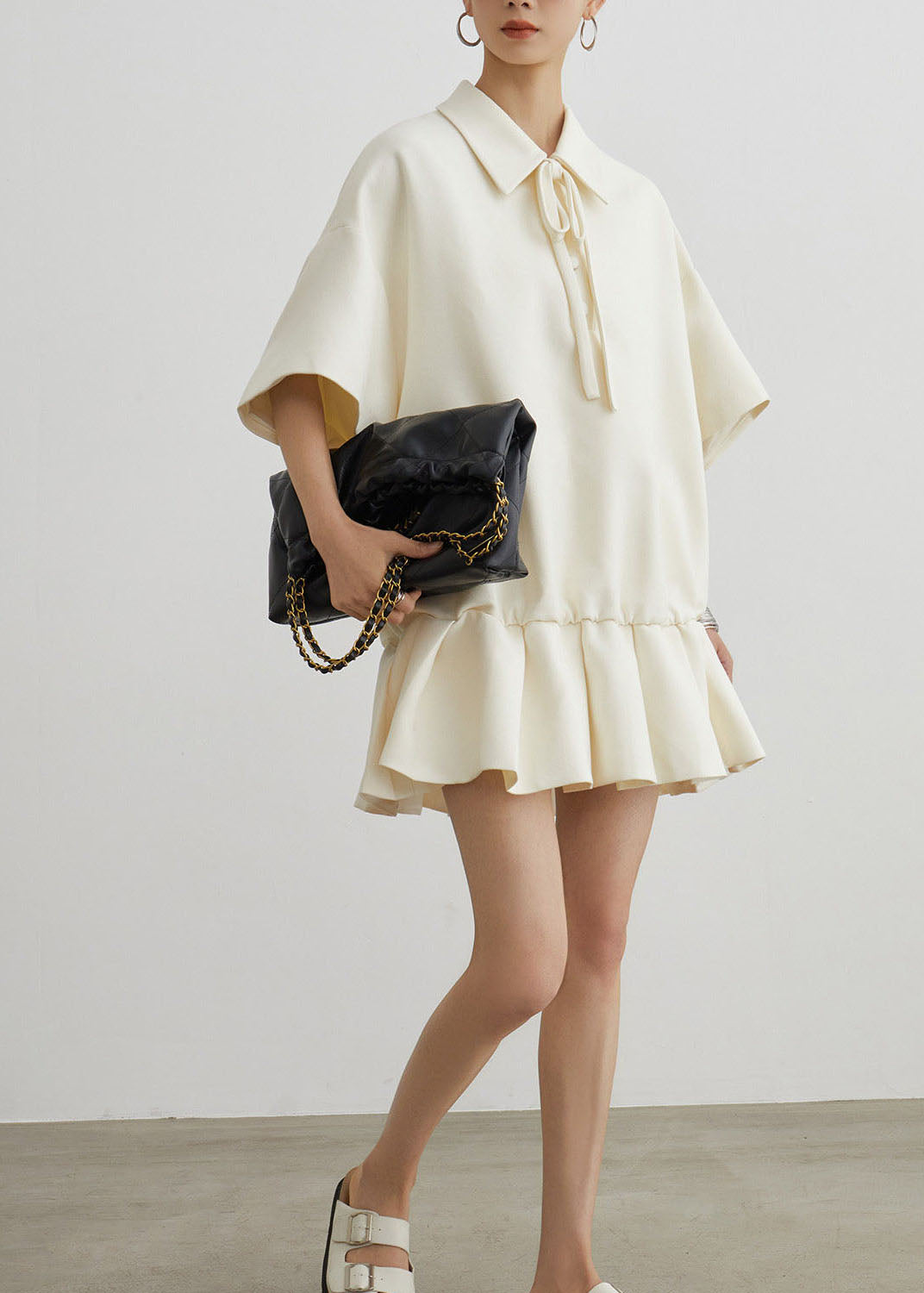 Beige Peter Pan Collar Wrinkled Patchwork Cotton Dress Summer
