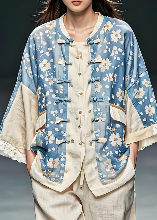 Blue Print Chinese Button Patchwork Cotton Coats Fall