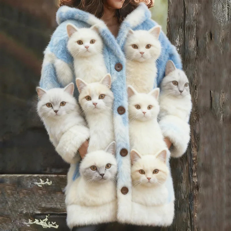 Wool Cardigan with Multiple Cat Print