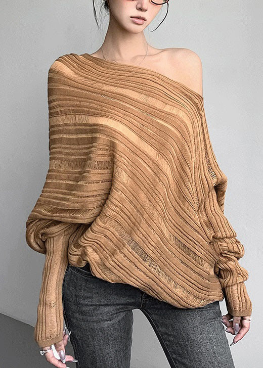 Loose Khaki Cold Shoulder Cozy Knit Sweater Batwing Sleeve