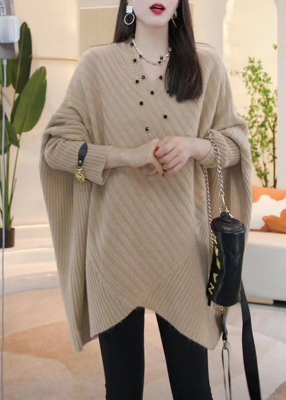 Loose Light Khaki V Neck Cozy Knit Sweater Batwing Sleeve Spring