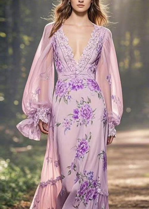 Light Purple Print Ruffled Patchwork Chiffon Long Dresses Spring
