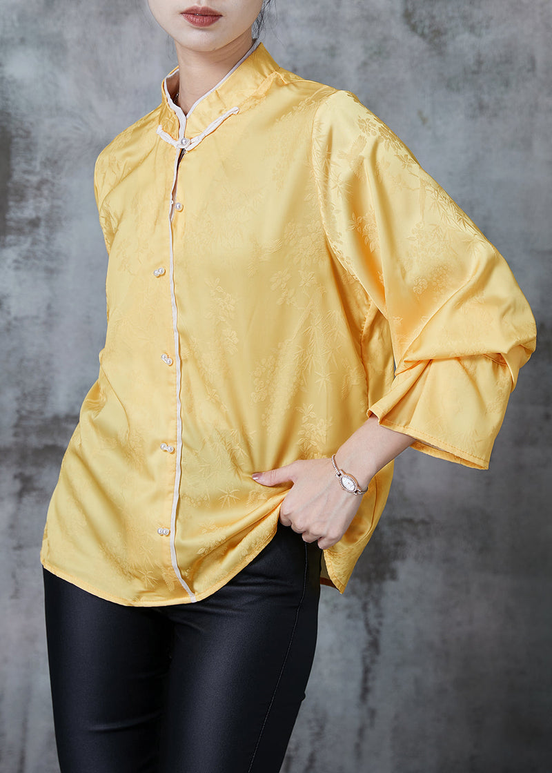 Yellow Mandarin Collar Jacquard Silk Shirt Tops Fall