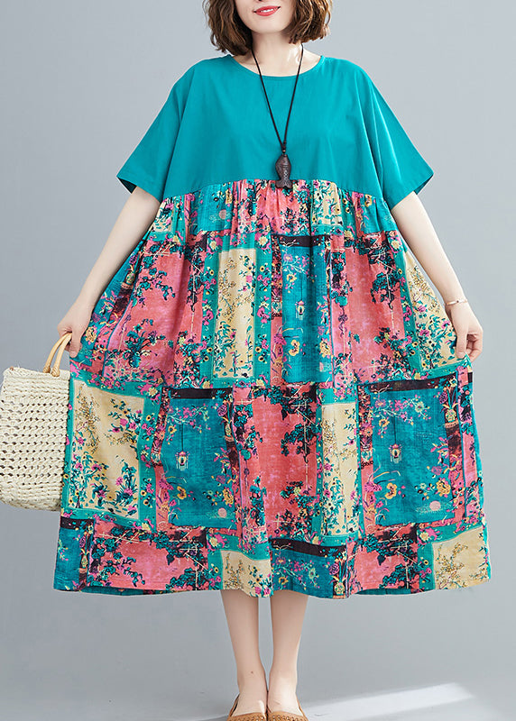 Green Print Extra Large Hem Dresses Wrinkled Short Sleeve