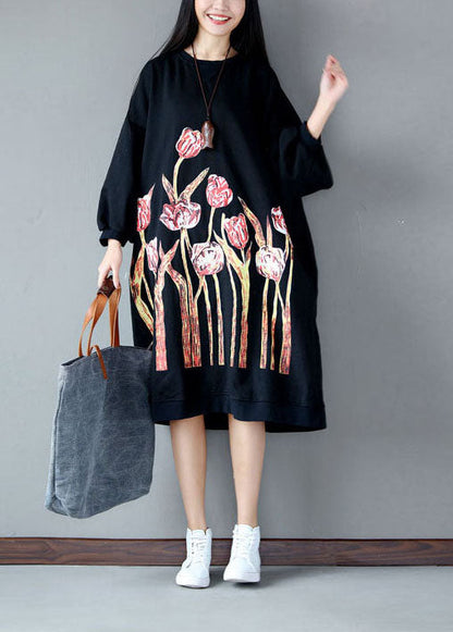 Black O-neck Oversized Print Cotton Sweatshirt Dress Spring