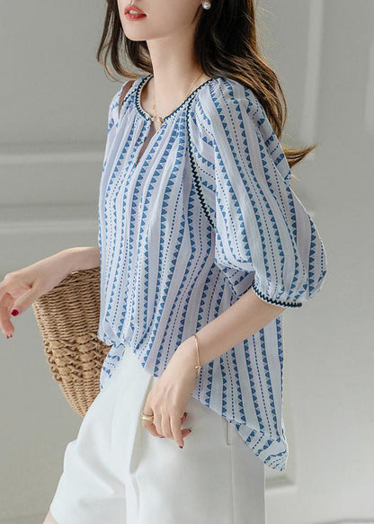 Modern Blue O-neck Chiffon Print Shirts Puff Sleeve