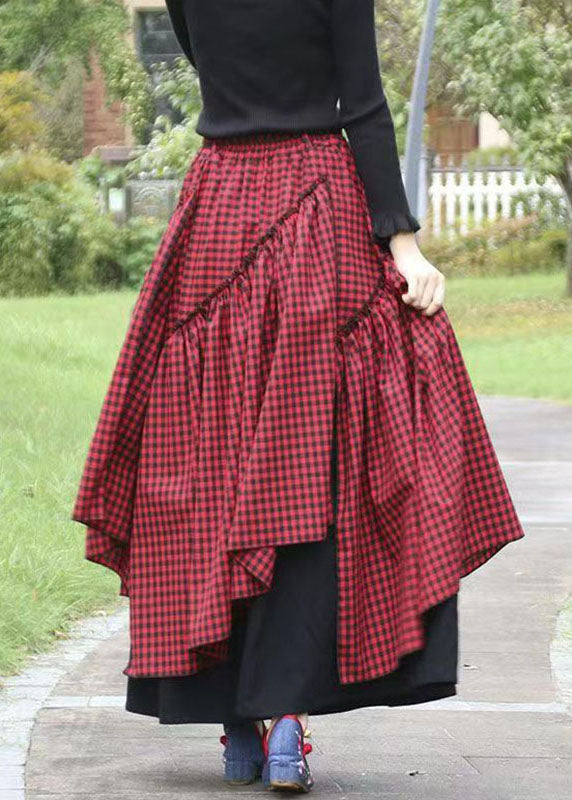 Green Asymmetrical Plaid Patchwork Tie Waist Long Skirts Fall