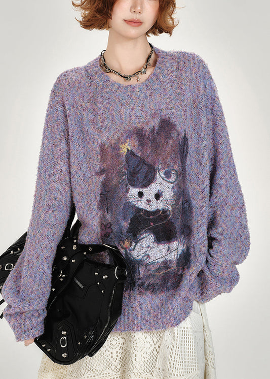 Diy Purple Oversized Print Knitted Tops Winter