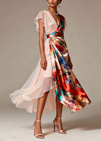 Champagne Asymmetrical Print Silk Evening Dress Butterfly Sleeve