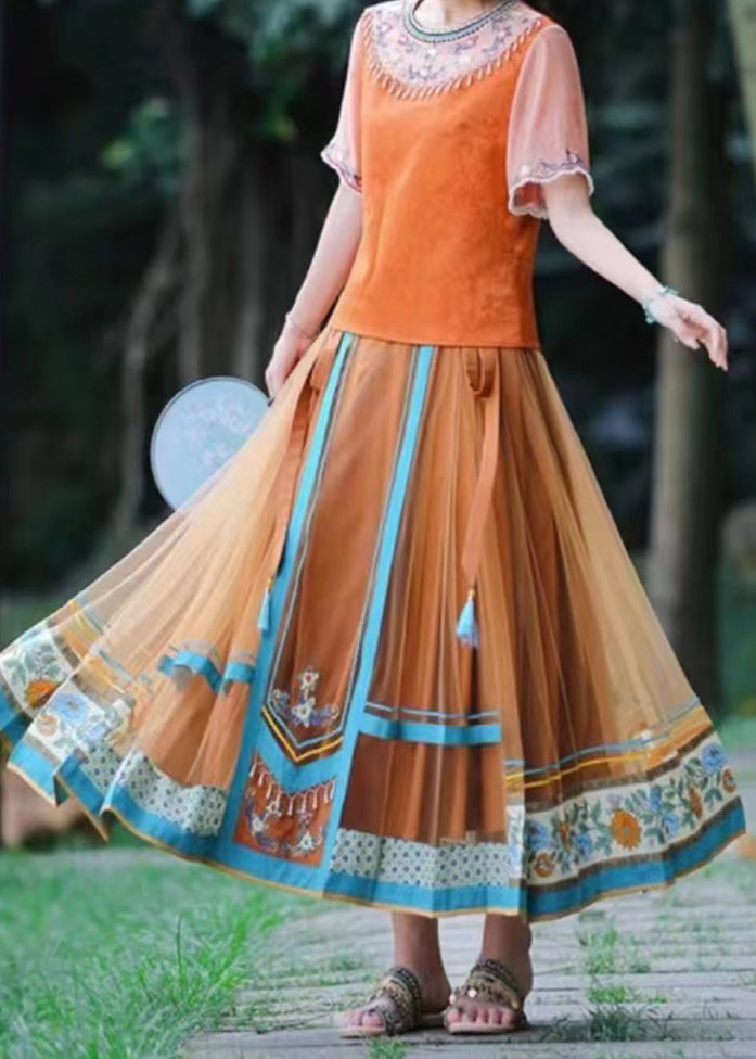 Original Orange Wrinkled Print High Waist Tulle Skirt Spring