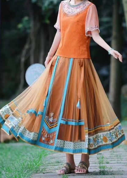 Original Orange Wrinkled Print High Waist Tulle Skirt Spring
