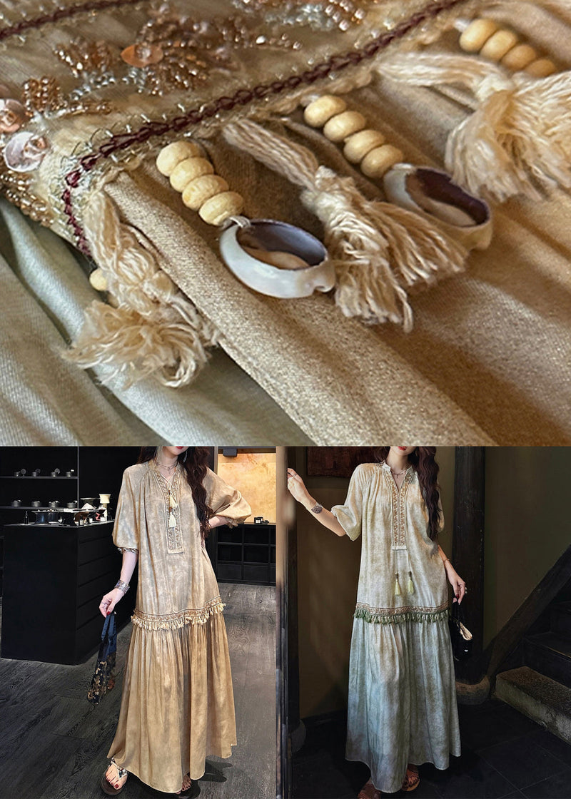 Yellow Print Tasseled Silk Long Dress V Neck Half Sleeve