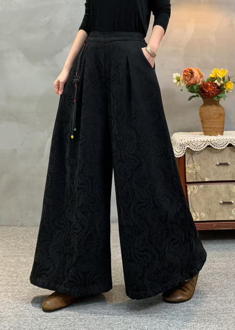 Beige Tassel Embroidered Warm Fleece Pants Winter